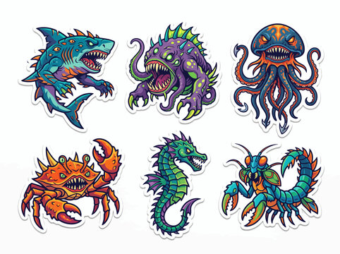 Set of cartoon fantasy deep sea monster stickers