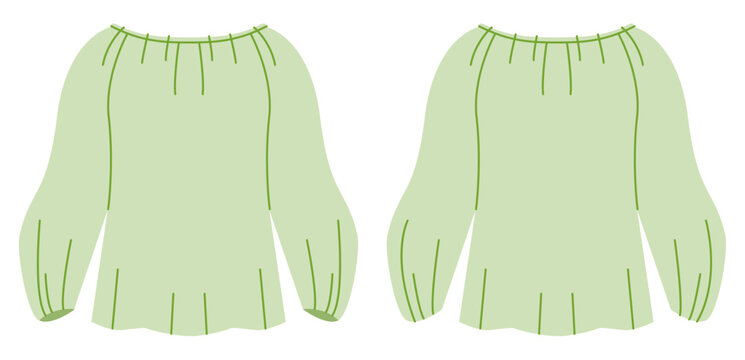 Light green peasant blouse with gathered neckline, long sleeves and relaxed flowing silhouette with soft volume. Technical fashion illustration in flat color, front back views, clothing design. Vector