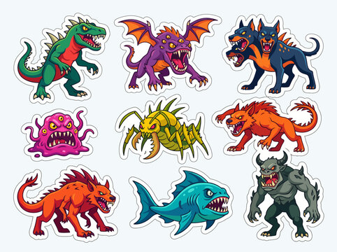 Set of colorful fantasy monster stickers with creature