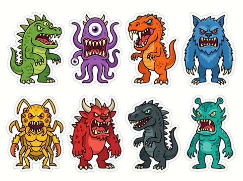 Set of aggressive fantasy creature monster stickers