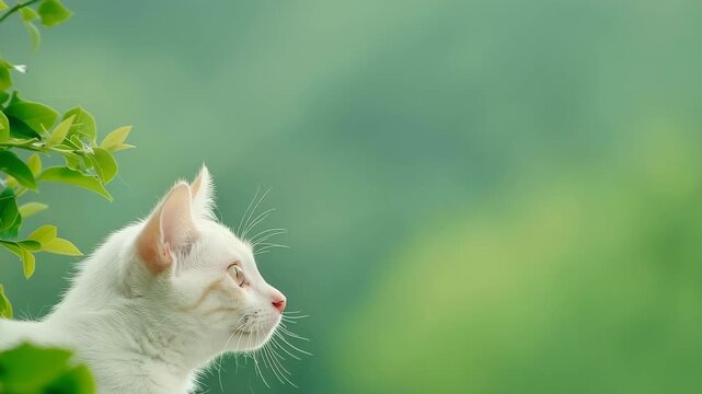 A Serene White Cat in a Verdant Landscape: A pristine white cat, with piercing eyes and delicate features, gazes thoughtfully into a soft, blurred backdrop of lush green foliage.
