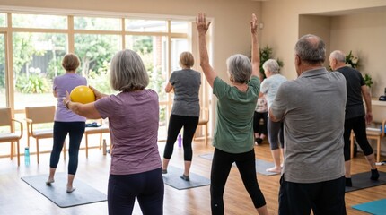 Fototapeta premium Seniors engaged in a gentle exercise class, practicing movements with a yellow ball and raised arms