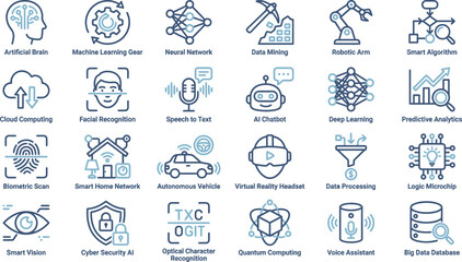 Fototapeta premium Artificial Intelligence Icons, Machine Learning Symbols, AI Technology Signs, 25 Vector Graphics