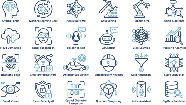 Artificial Intelligence Icons, Machine Learning Symbols, AI Technology Signs, 25 Vector Graphics