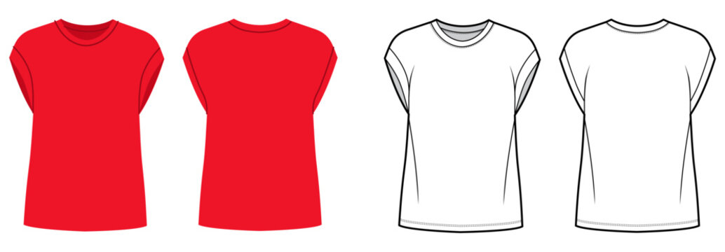 Cap sleeve t shirt with relaxed silhouette clean round neckline, smooth contour minimal shaping. Technical fashion illustration in black and white color, front back views, modern apparel CAD template