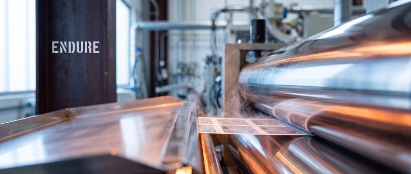Smart card manufacturing machine laminating microchip cards on steel rollers in modern high-tech factory close up; industrial automation technology producing durable secure credit cards for payments.