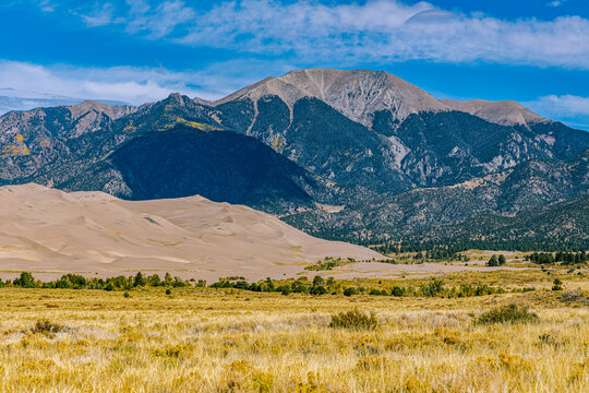 Sand dunes nestle below Mount Herard and the Sangre de Cristo range across golden San Luis Valley grassland, Colorado.
