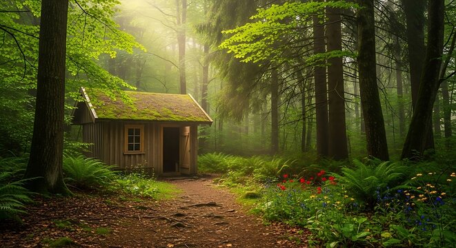 Small wooden cabin nestled in a lush green sunlit forest