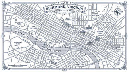 Obraz premium Map of Richmond, Virginia, USA - Detailed City Street Grid with James River