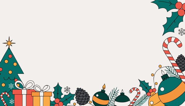 Festive Christmas Border Featuring Decorative Holiday Elements Including Ornaments Pine Cones and Wrapped Gifts on a Minimalist Background