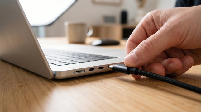 Connecting Power Cable to Laptop Side Port Close Up
