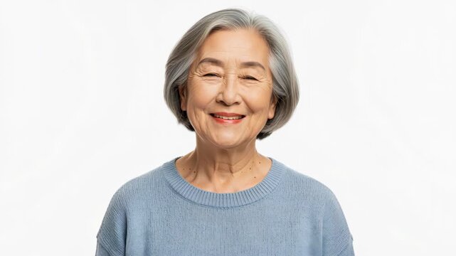 Joyful Elder: A happy elderly Asian woman with gray hair and a warm smile looks directly at the camera, radiating a sense of contentment and wisdom.
