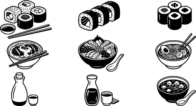 Japanese food icons set featuring sushi maki rolls rice bowls and sake drink in black.
