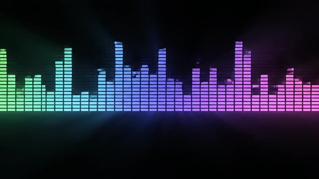 Rainbow digital audio equalizer bars on black background.