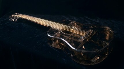 Obraz premium A unique acoustic guitar crafted from transparent dark resin featuring golden strings and intricate internal textures under soft dramatic lighting