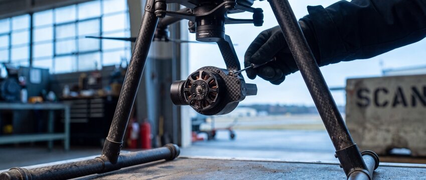 Drone repair maintenance technician engineer fixing brushless motor in industrial hangar workshop close up, technician hands adjusting UAV camera gimbal stabilizer, aerospace technology concept model.