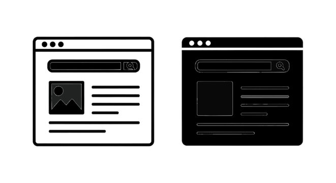 Vector illustration of web browser window icon set, outline and solid style on a transparent background