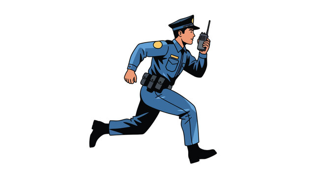 Police officer in uniform running and holding a radio communication device.