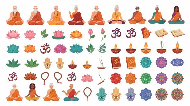 A comprehensive collection of Hindu and spiritual symbols, including meditating figures, lotus flowers, Om signs, diyas, and chakra mandalas, representing peace and enlightenment.