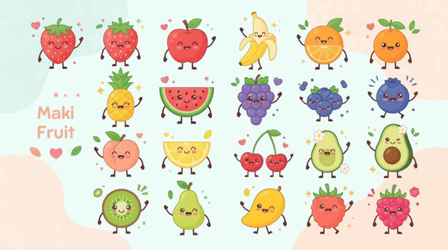 happy cartoon fruits with smiling faces and small arms and legs, including strawberry, apple, orange, banana, grape, blueberry, lemon, peach, 
