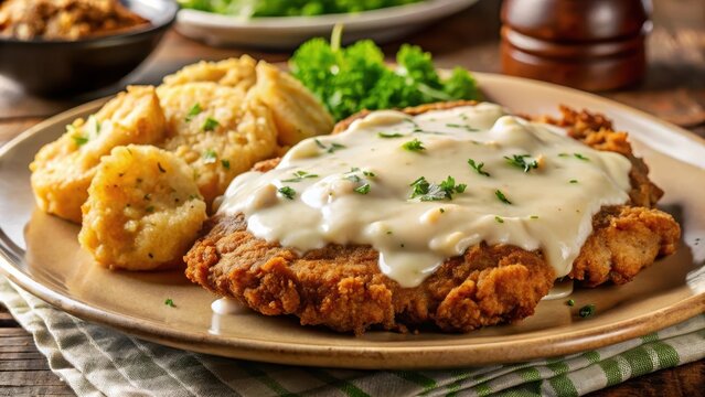 Plate of chicken fried steak with creamy gravy and mashed potatoes on the side