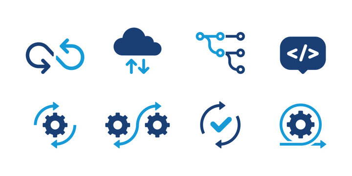 DevOps Icons Vector Set &ndash; Flat Cloud Sync, CI/CD Pipeline, Workflow Automation, API Integration, Code Review and Software Deployment Icons