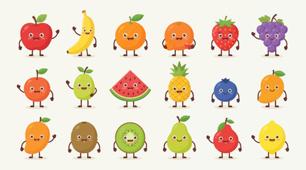 Fototapeta premium A vibrant collection of cute cartoon fruit characters with smiling faces and tiny limbs, including apples, bananas, oranges, strawberries, grapes, pineapples, and more.