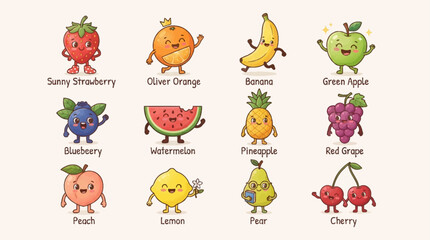 Obraz premium A collection of 12 cute cartoon fruits with smiling faces and names, including strawberry, orange, banana, apple, blueberry, watermelon, pineapple, grape, peach, lemon, pear, and cherry.