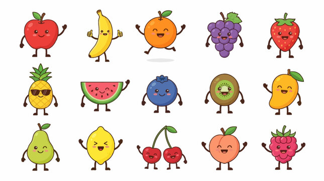  happy cartoon fruits with faces and limbs, including apple, banana, orange, grape, strawberry, pineapple, watermelon, blueberry, kiwi, mango, pear, lemon, cherry, peach, and raspberry characters.