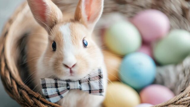 A cute bunny wearing a bow tie sits next to a basket filled with colored Easter eggs.
