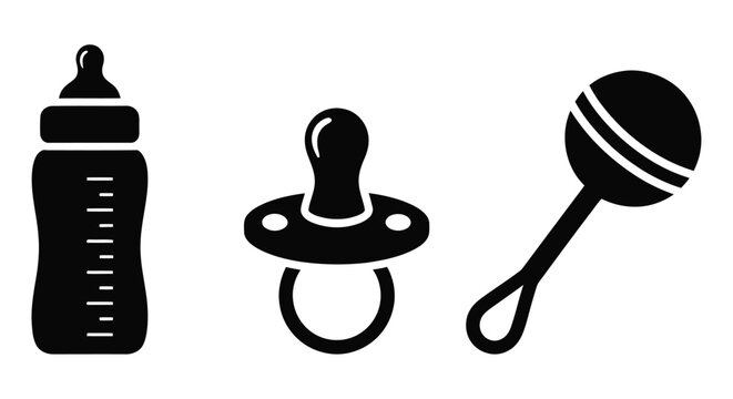 Baby Items Silhouette Collection On White Background