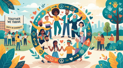 Fototapeta premium A vibrant illustration of diverse people celebrating unity and community in a peaceful world.
