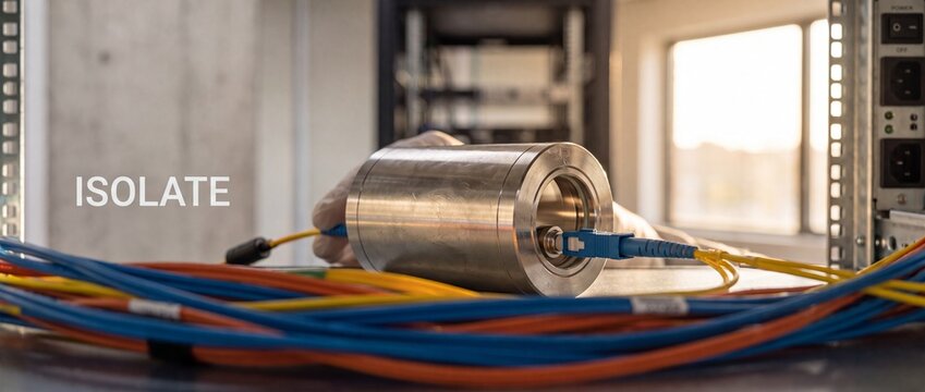 Fiber optic cable network connection in server room data center with optical isolator component hardware for secure fast internet high speed data transmission and cybersecurity technology.