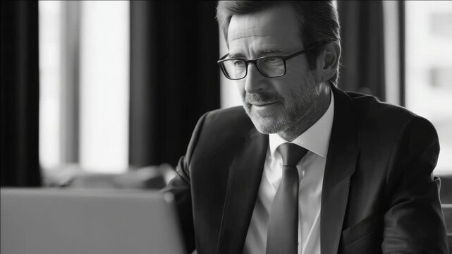 A man wearing a suit and tie sitting at an office desk using a computer. He appears focused on the screen of his laptop. The conveys a sense of dedication to work and professionalism.