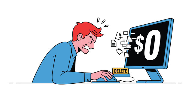 Frustrated man deleting files on computer showing zero dollars, concept of financial loss or data deletion.