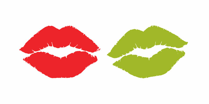 Vibrant red and green lipstick kiss marks for makeup and beauty concepts