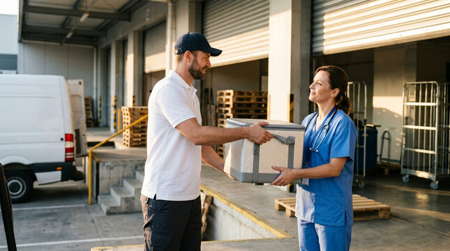 Professional courier handing a thermal insulated medical cooler box to a female healthcare worker in blue scrubs and stethoscope at a warehouse loading dock near a white delivery van.