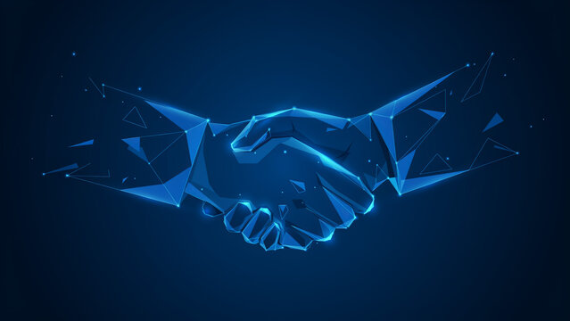 Digital handshake technology concept for business partnership agreement and corporate collaboration deal