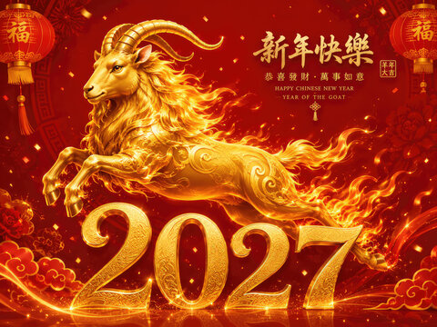 Golden Fire Goat Chinese New Year 2027 Celebration Poster