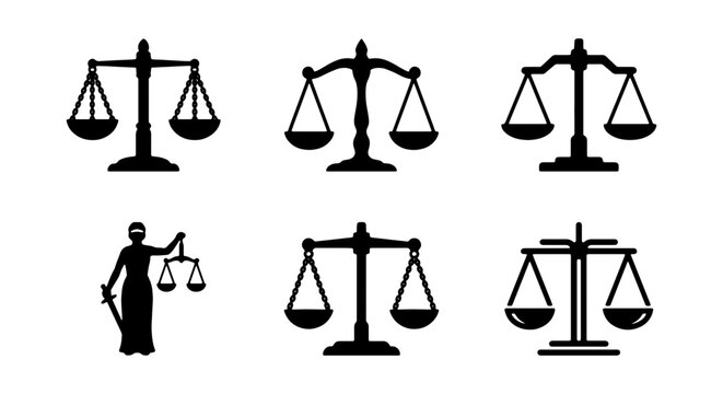 Scales of justice icon set, black law scale vector symbols, lady justice silhouette