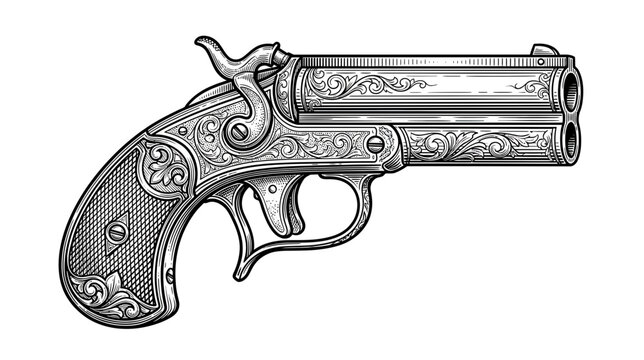 Antique Derringer Pistol Engraved Ornate Vintage Firearm Black and White Illustration