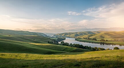 Fototapeta premium Panoramic view of a serene river winding through rolling green hills at sunset.