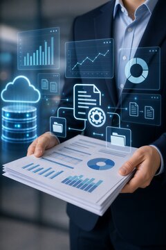 Businessperson Analyzing Digital Reports with Charts and Graphs on Integrated Content Management Platform.