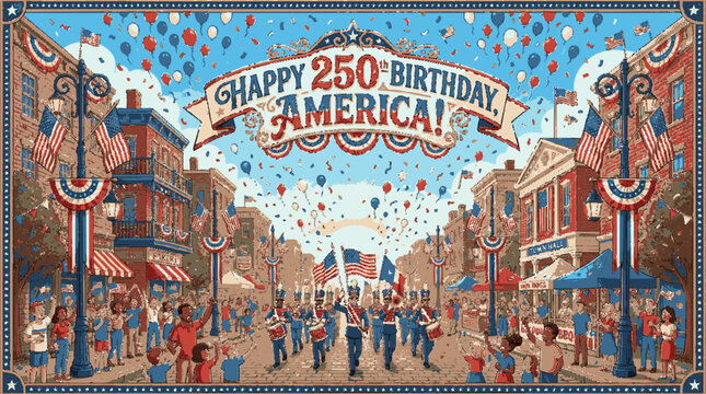 Patriotic town square parade celebrating two hundred and fifty years of history