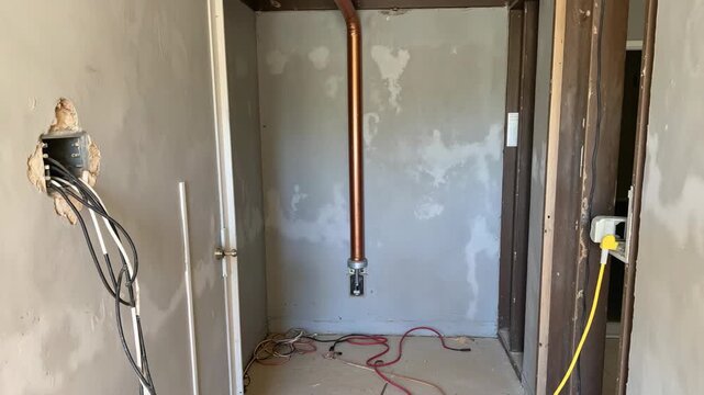 The shows an interior renovation project with electrical work being done. There are exposed wires, conduits, and outlets visible along the bottom of the wall.