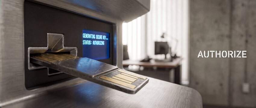 Secure security key card reader metal terminal authorizing access control credentials in corporate office, concept of cyber protection, data safety and authentication information digital privacy state