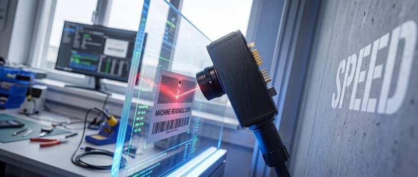 Industrial machine vision camera scanner reading barcode on futuristic transparent screen in modern electronics laboratory demonstrating high speed automation quality control industrial inspection too