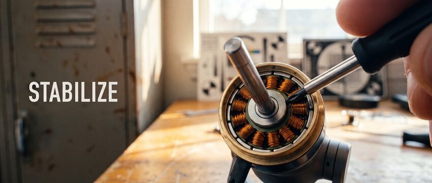 Brushless electric motor assembly repair on workbench using screwdriver to adjust copper stator coil windings for stabilizers, gyroscopes, and drones engineering workspace. Professional technician.