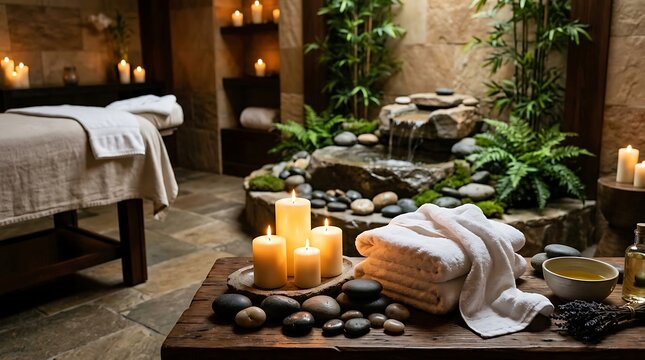 Calming spa interior with candles towels and water feature for relaxation