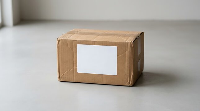 Cardboard box with blank label on clean floor ready for shipping or delivery